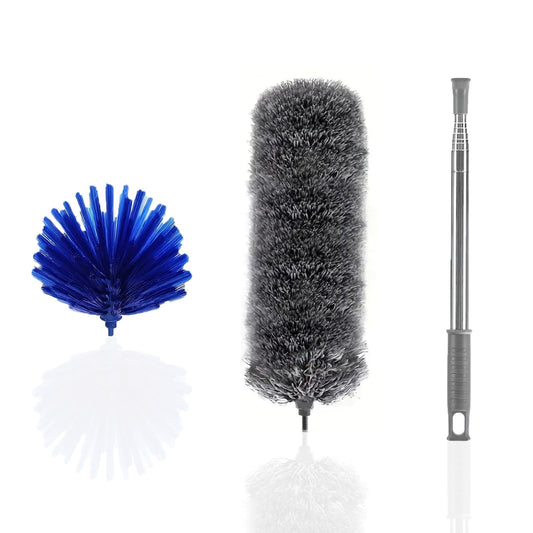 Cobweb Duster with Extension Pole Spider Web Brush & Ceiling Duster Kit for Cleaningw 15-100 Inch Long Handle Dusters for Cleaning Ceiling Fan Blinds Furniture & Cars Gray+Blue