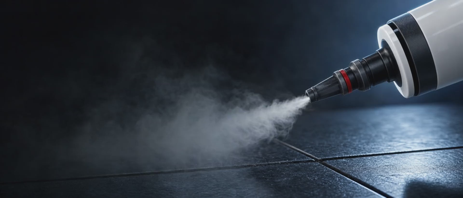 Steam flowing from the SteamPro nozzle across dark tiles